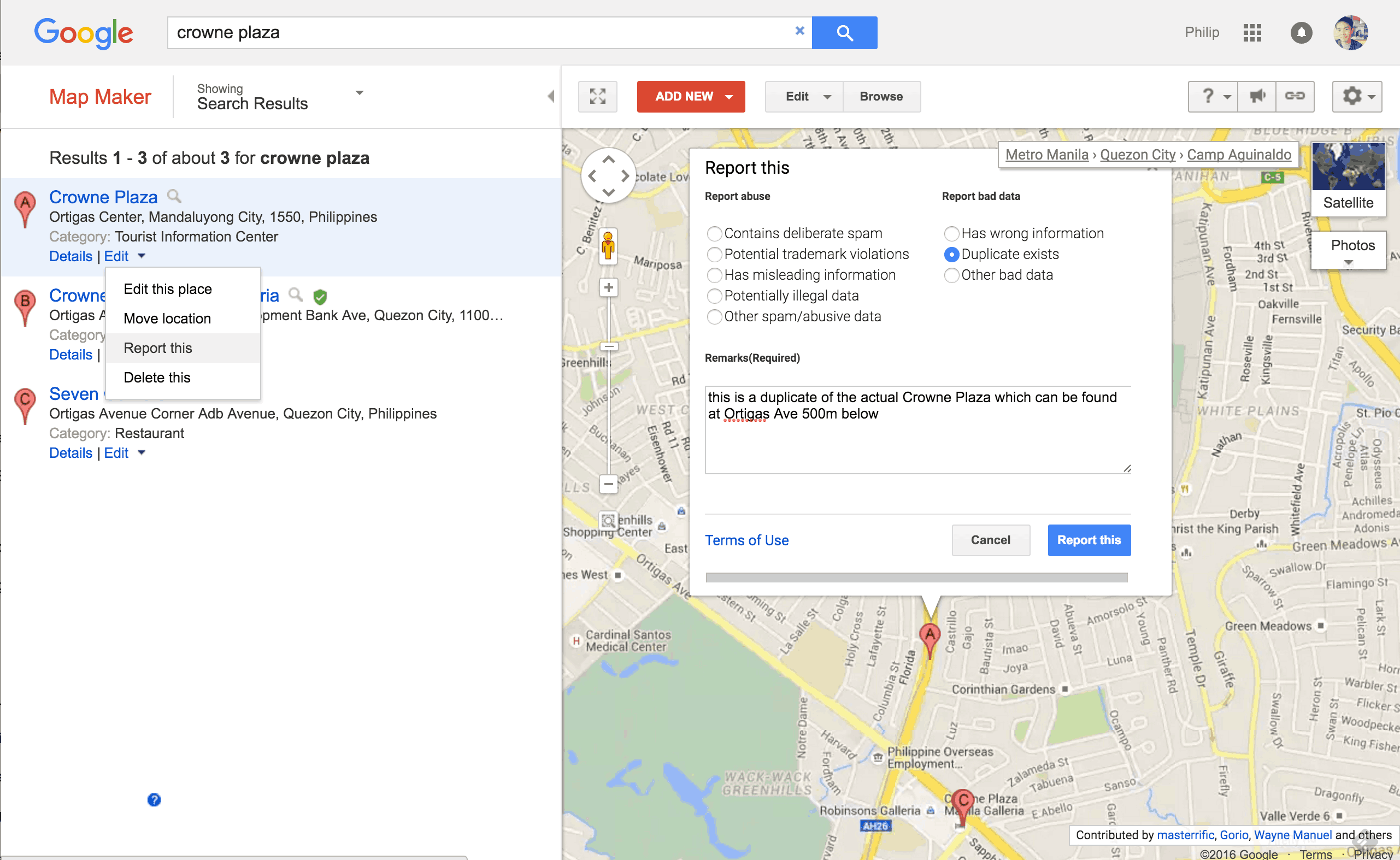 Here's Phi reporting a duplicate entry in Google Map Maker