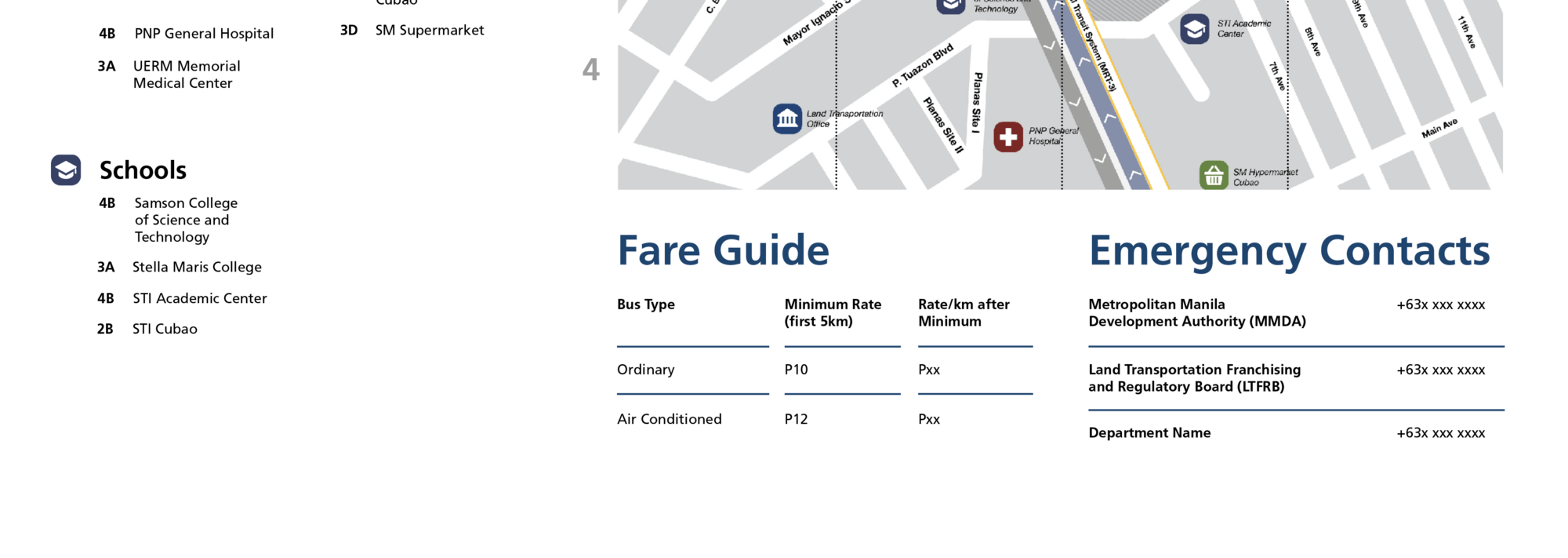 zoomed in bottom section of area map showing fare guide and relevant phone numbers