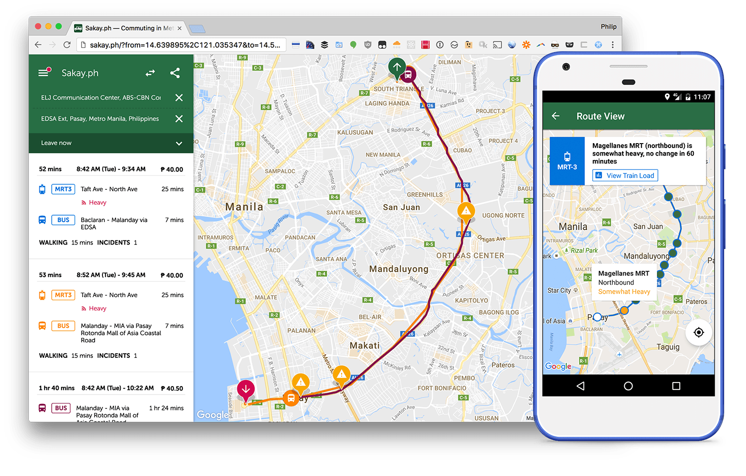 Sakay.ph on the web and on Android, now with MRT prediction data