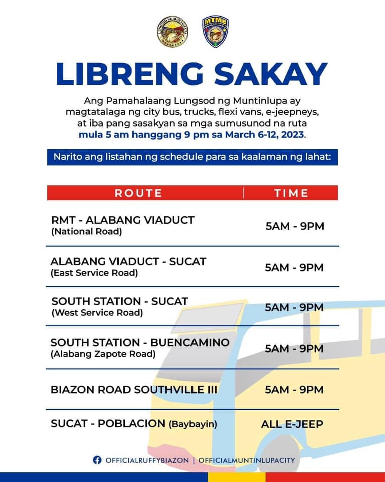 Libreng Sakay for Metro Manila (6 to 12 March 2023)